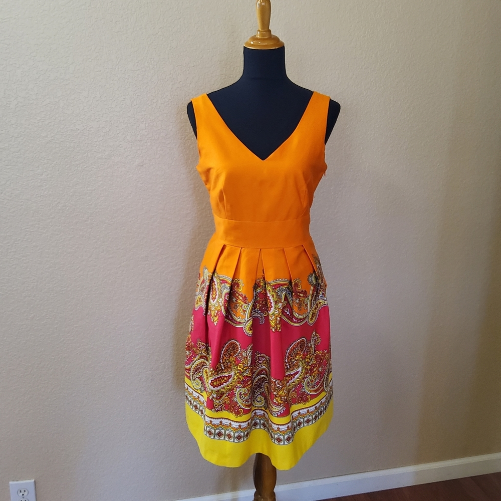 Spense Paisley Pattern Pleated Dress Orange Size 8 New